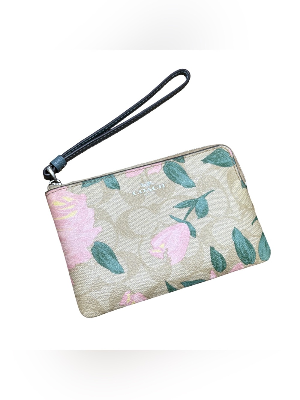Coach • Floral Rose Print Monogram Coated Canvas Wristlet Wallet Pouch